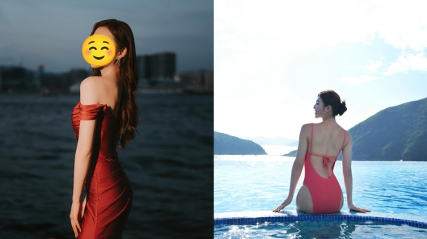 前港姐亚军胸前8字巧妙显出完美上围，高衩晒长腿上下齐露