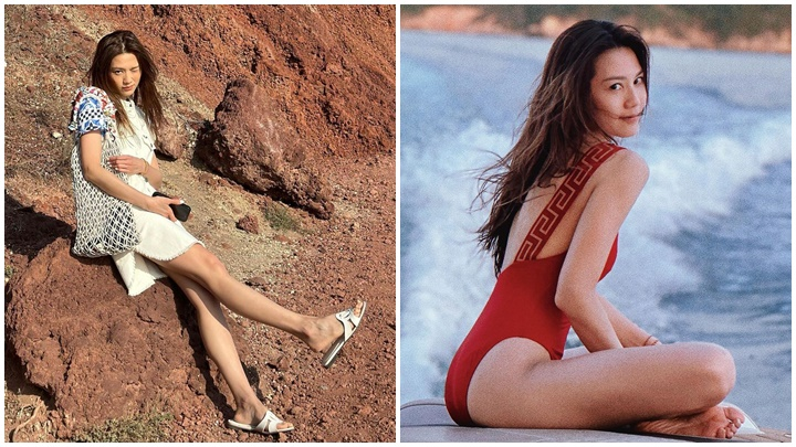 周秀娜出游希腊，大晒修长美腿，疑似走光