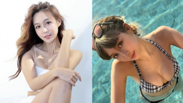 34C女神乐宜谷胸三点式超惹火，穿粉红高衩吊带晒性感纹身