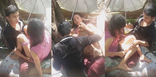 缅甸情侣饥渴难耐户 在户外路边靠着树 用三把伞遮住 妹妹主动上位自己动