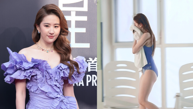 刘亦菲罕穿高衩泳装，蜜大腿美背全露，臀部曲线看光